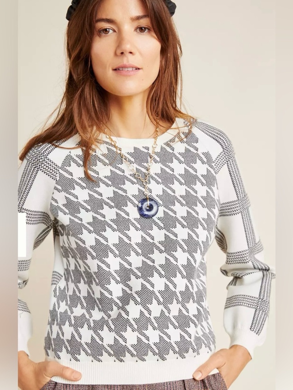 ANTHROPOLOGIE Sweater Houndstooth Bailey Black White Plaid Sz M
